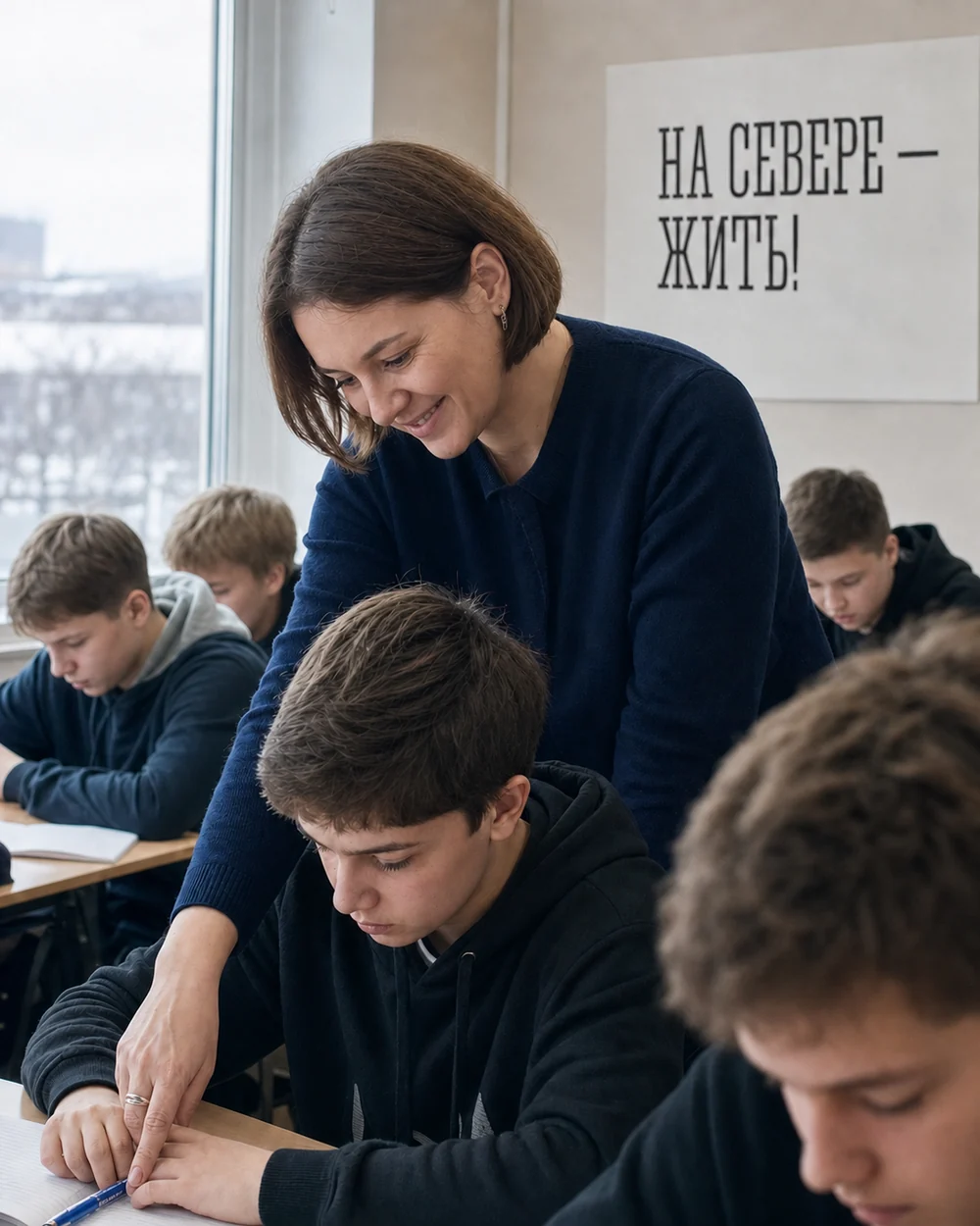 Улыбающаяся учительница в школьном кабинете